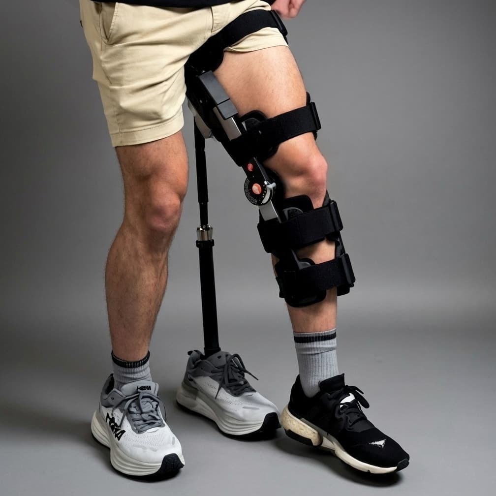 A patient walking hands-free with the RevoStep knee rehabilitation device